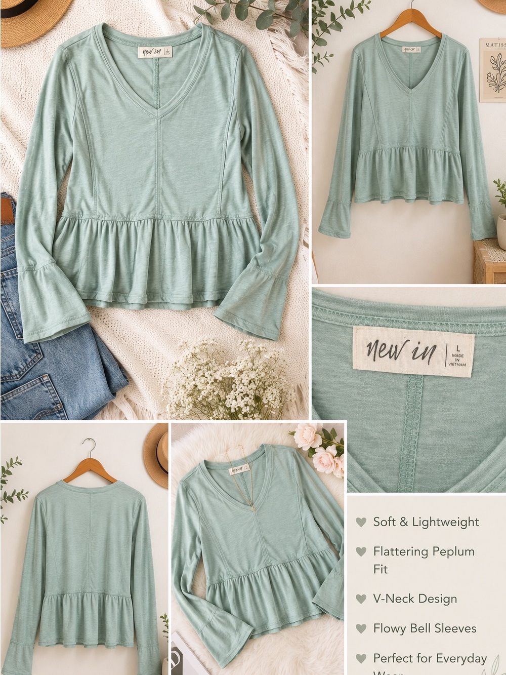New In Sage Green V-Neck Peplum Tunic Top